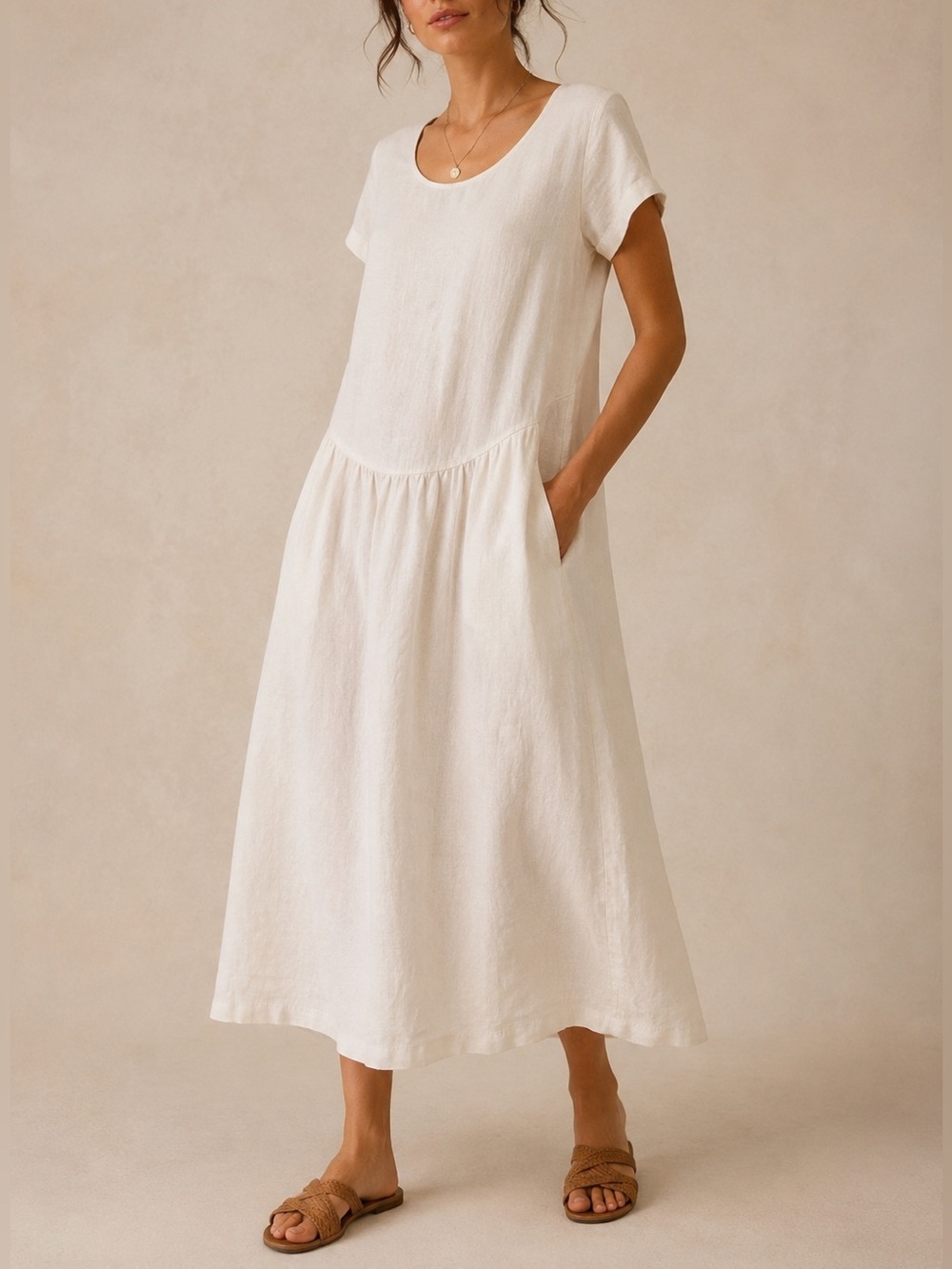 VIVID 100% Linen Bone White Midi Dress Curved Yoke Pockets Short Sleeve XS‎